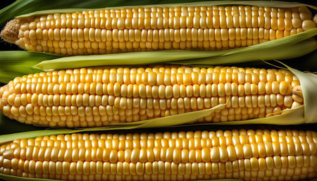 Three ears of corn stacked on top of each other, showing off their golden kernels and green husks.