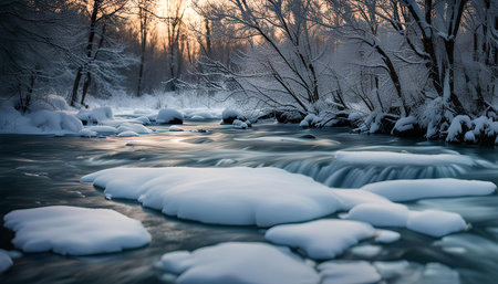 A serene winter landscape with a frozen river winding through a snow-covered forest. The sunlight casts a golden glow on the scene, highlighting the delicate branches of the trees and the glistening snow.の写真素材