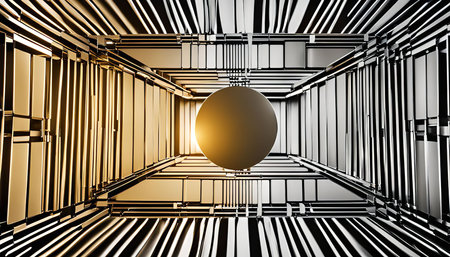 An abstract geometric tunnel with golden light and a silver sphere in the center. The image creates a sense of depth and dimension, evoking a futuristic and modern aesthetic.の写真素材