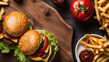 Close-up view of two juicy cheeseburgers with lettuce, tomato, and cheese on a wooden board, accompanied by a plate of french fries and a tomato. A delicious and satisfying meal.の写真素材