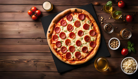 A delicious pepperoni pizza on a wooden table with various toppings and ingredients. Perfect for a quick and satisfying meal.の写真素材
