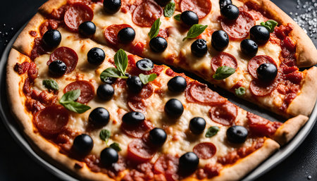 A close-up shot of a pepperoni pizza topped with blueberries and fresh basil. The pizza is on a black surface and a slice is pulled away, showing the melted cheese and delicious toppings.の写真素材