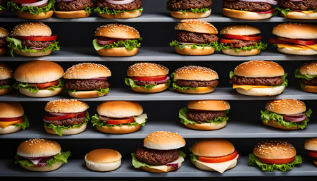 A close-up photo of many delicious burgers on a shelfの写真素材
