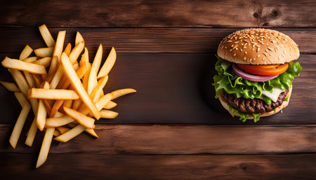 A juicy burger and a heaping pile of golden fries on a rustic wooden table.の写真素材