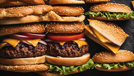 A close-up shot of several cheeseburgers piled high with cheese, lettuce, tomato, and onion. The juicy patties are stacked on soft sesame seed buns, making them irresistible.の写真素材