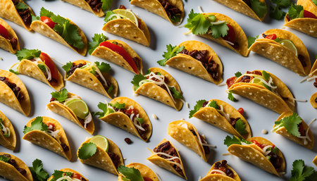 A plate full of delicious looking tacos, ready to be devoured. The perfect food for a party, snack or meal.の写真素材
