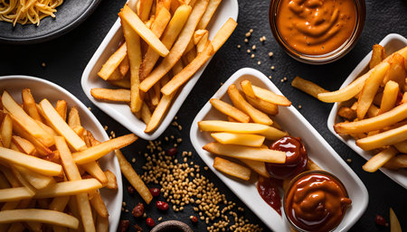 A flat lay photo of crispy french fries served with ketchup and mustard dipping sauces on a black...