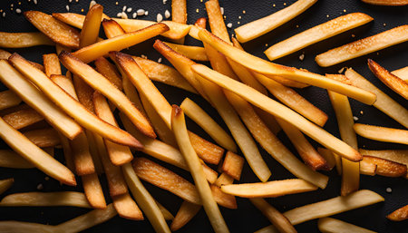 Close-up photo of golden french fries sprinkled with sesame seeds on a black background. The fries are arranged in a random pattern and are invitingly crispy and delicious.の写真素材