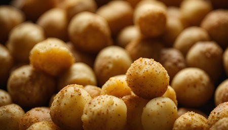 A close-up of a pile of macadamia nuts, showing their round shape and light brown color.の写真素材