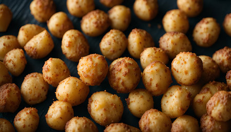 A close-up shot of roasted macadamia nuts scattered on a dark blue surface.の写真素材