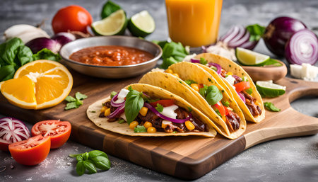 A close-up of four delicious tacos, filled with various meats, vegetables, and sauces, on a wooden cutting board.の写真素材