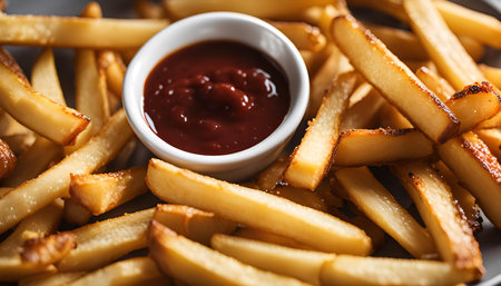 A close up shot of a plate of golden French fries with a small bowl of ketchup for dipping.