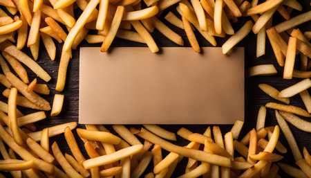 A close-up photo of a blank card surrounded by golden french fries on a wooden background. It's an ideal image for restaurant menus or food-related promotions.の写真素材