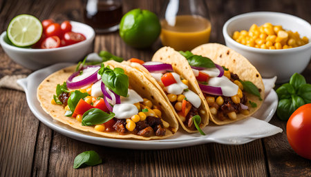 Three tacos filled with corn, tomato, red onion, and sour cream on a white plate. The tacos are on a wooden table with basil and lime wedges.の写真素材