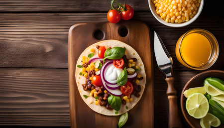 Close-up of a delicious Mexican taco with ground beef, corn, onion, tomatoes, and cilantro, topped with sour cream and fresh cilantro. The taco is placed on a wooden board and accompanied by a side of orange juice, corn, and lime wedges. The image is a vibrant and appetizing representation of a popular Mexican dish.の写真素材
