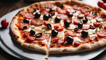 A delicious pepperoni pizza with olives and tomatoes. The pizza is freshly baked and topped with melted cheese, savory pepperoni, juicy tomatoes, and briny olives.の写真素材