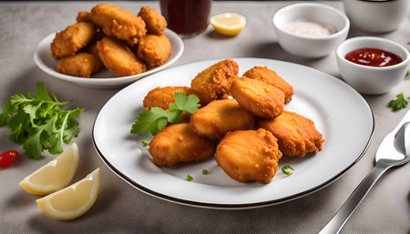 A plate of crispy golden brown chicken nuggets with various dipping sauces, cilantro, and lemon slices.の写真素材