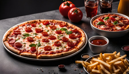 A close-up of a delicious pizza with tomatoes and mozzarella, served with french fries and ketchup. The pizza is on a plate with a dark background.の写真素材