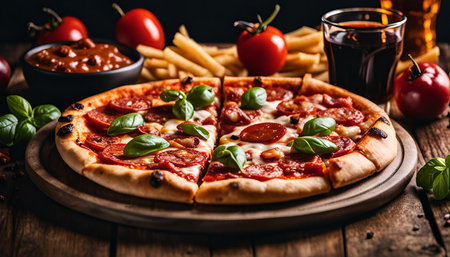 A delicious pepperoni pizza with basil and french fries, all ready to be devoured.の写真素材