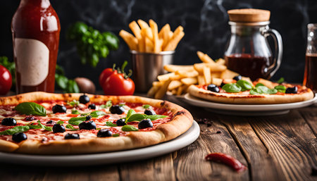 Close up of a delicious pizza with olives and basil on a wooden tableの写真素材