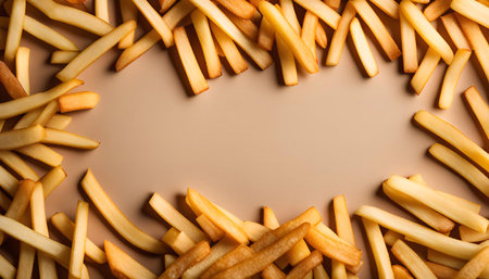 Close-up overhead shot of a frame of crispy golden french fries on a brown background.の写真素材