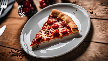 A close-up shot of a single slice of pizza on a white plate, with tomatoes, cheese, and sauce, sitting on a wooden table.の写真素材