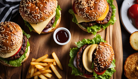 Close-up shot of a plate of delicious cheeseburgers with french fries, ketchup, and other garnishes.の写真素材