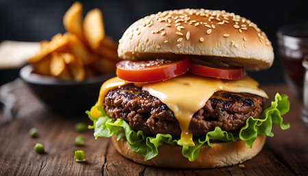 A close-up view of a juicy cheeseburger with melted cheese and lettuce, served on a wooden table with fries in the background.の写真素材