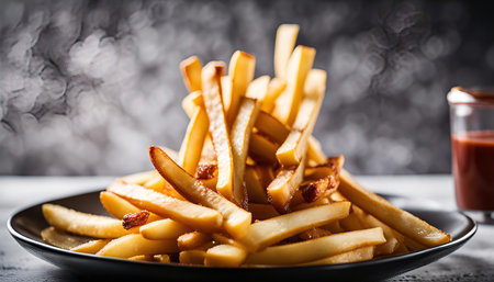 A plate of freshly cooked french fries, steaming hot and golden brown, ready to be enjoyed.