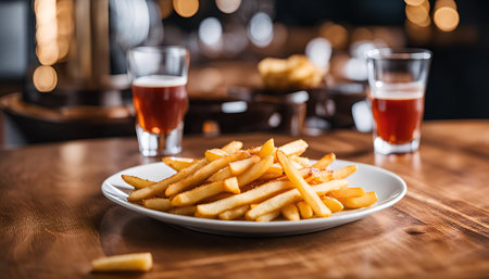 A plate of golden french fries on a wooden table in a pub with two glasses of beer in the backgroundの写真素材