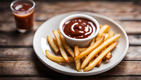Close up of french fries served with ketchup on a wooden table.
