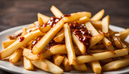 A close-up shot of golden french fries with a brown sauce on a white plate, the fries are arranged in a pile on a wooden table.の写真素材