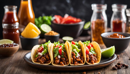 A close-up shot of three tacos on a wooden table with various sauces and condimentsの写真素材