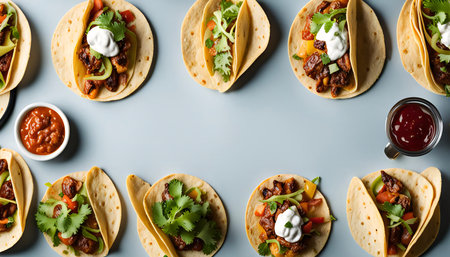 A close-up shot of delicious tacos with various toppings, including meat, vegetables, and sauces.の写真素材