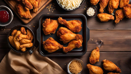 A close-up shot of crispy fried chicken pieces arranged on a baking tray. The chicken is golden brown and appears very appetizing.の写真素材