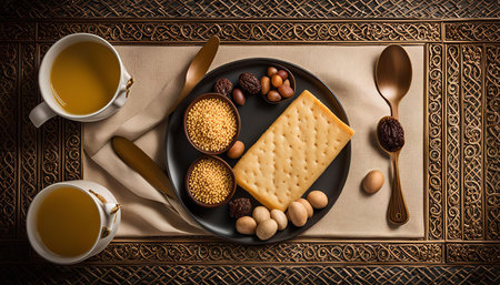 A still life image of tea, bread and other food displayed on a luxurious table setting.の写真素材