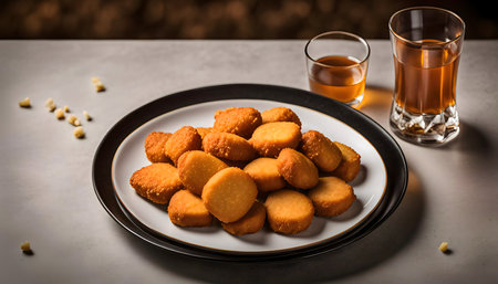 A plate of crispy, golden brown cookies sits on a white table, accompanied by a glass of tea. The...
