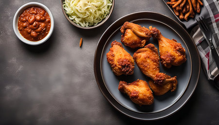 Overhead shot of fried chicken drumsticks on a plate with baked beans, coleslaw, and fries.の写真素材