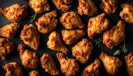 A plate of crispy fried chicken pieces on a black background, shot from a top-down perspective. The chicken is golden brown and looks delicious.の写真素材