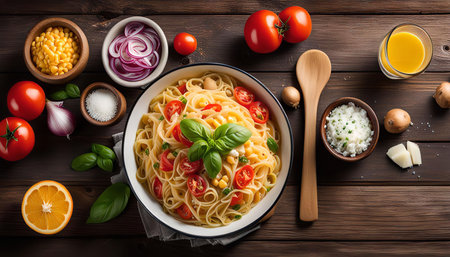 A plate of pasta with corn and tomatoes, garnished with basil leaves on a wooden table.の写真素材