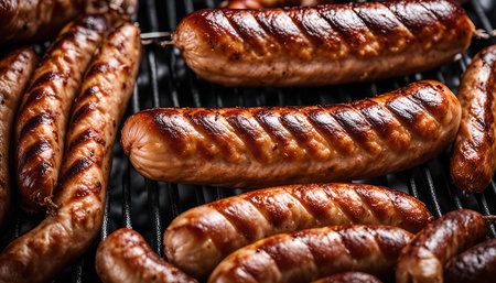 Close-up of grilled sausages on a barbecue grill, showing their golden brown exterior and grill marks.の写真素材