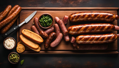 A wooden cutting board filled with an assortment of sausages, bread, and herbs, perfect for a tasty meal.の写真素材