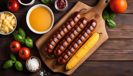 Delicious grilled sausages served on a wooden cutting board with a corn on the cob, fresh tomatoes, basil, cheese, and spices. This is a perfect summer meal for a bbq or picnic.の写真素材