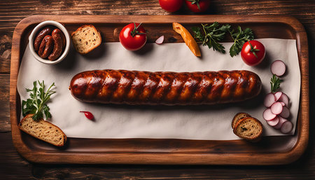 A close-up shot of a grilled sausage on a wooden tray with bread, tomatoes and radish slices.の写真素材