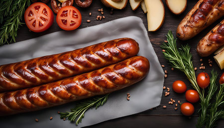 Close-up of two grilled sausages with rosemary, tomatoes, and potato slices on a wooden surface.の写真素材
