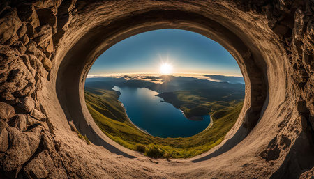 A breathtaking view of a sunrise over a lake and mountains seen through a natural cave opening.の写真素材
