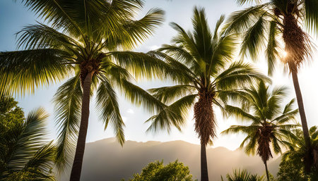 A picturesque view of palm trees silhouetted against a vibrant sunset sky. The warm golden light creates a sense of tranquility and beauty, reminiscent of a tropical paradise.の写真素材
