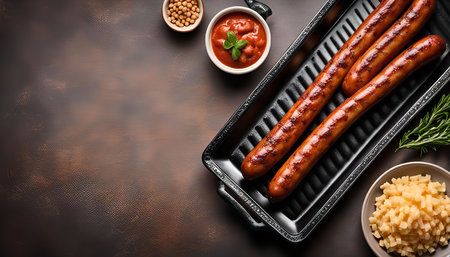 Closeup of a black tray with three grilled sausages, next to a bowl of ketchup and mustard. Food photography with brown backgroundの写真素材