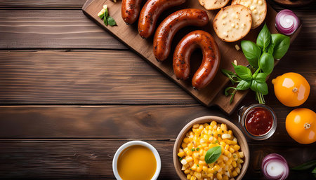 A close-up overhead shot of a wooden table with a variety of ingredients for a delicious barbecue meal, including grilled sausages, corn, onions, basil, and sauces. The food is arranged in a rustic and inviting way, suggesting a summertime gathering or picnic.の写真素材