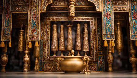 A close-up view of a golden structure with intricate details. The structure appears to be a religious relic or a decorative element from a historical period.の写真素材